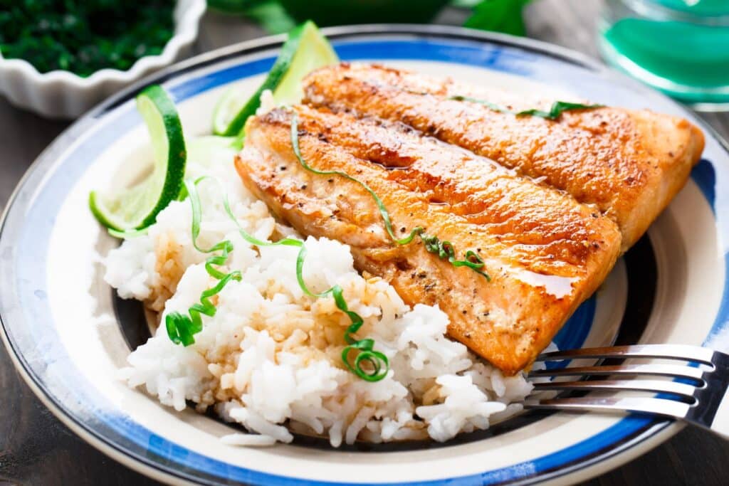 a plate of salmon and rice with a fork